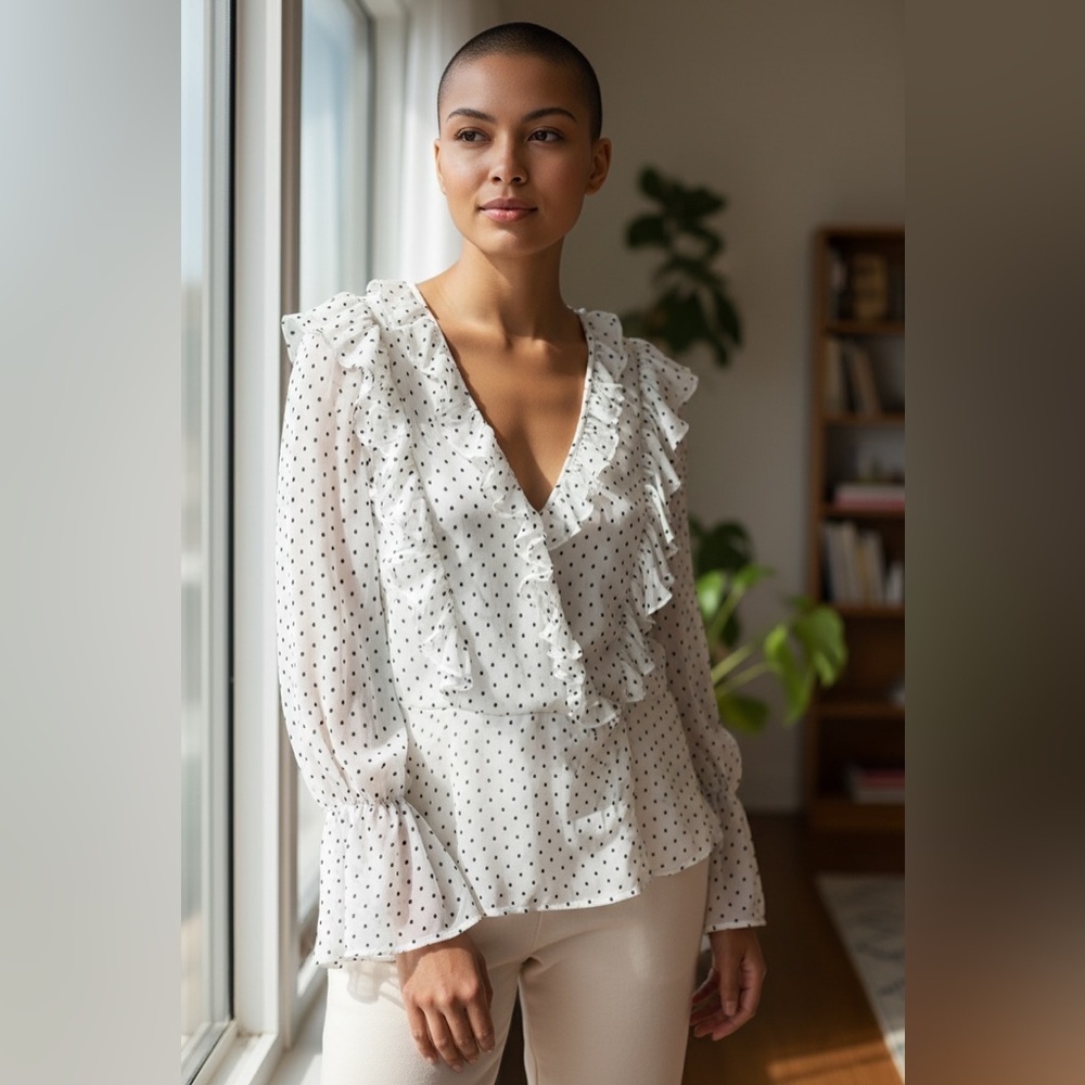 White Polka Dot Ruffle Blouse - Picture 10 of 10
